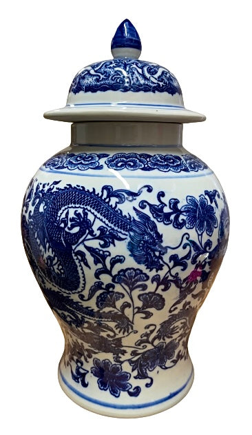 Porcelain Potiche For Olokun / Yemaya With Flowers And dragon 17"X9"