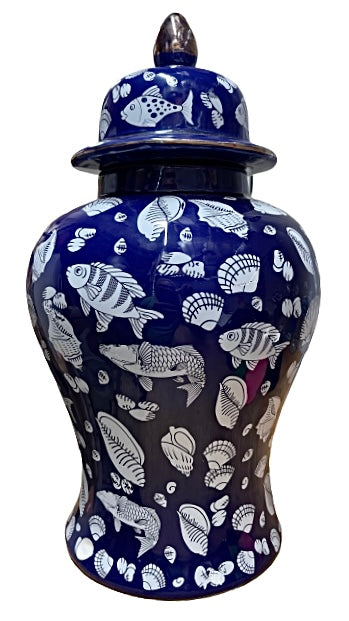 Porcelain Potiche For Olokun / Yemaya With Shells And Fishes 18"X10"